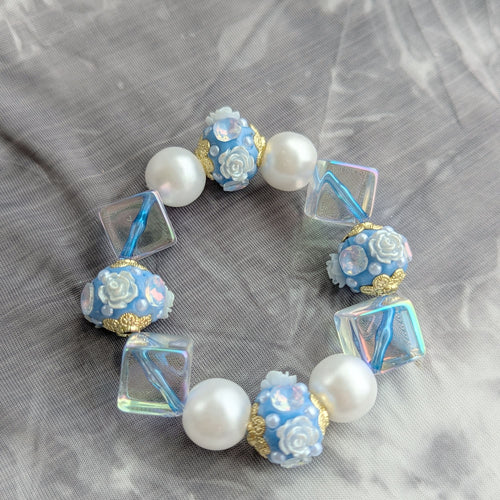 Blue Rose & Pearl Beaded Bracelet