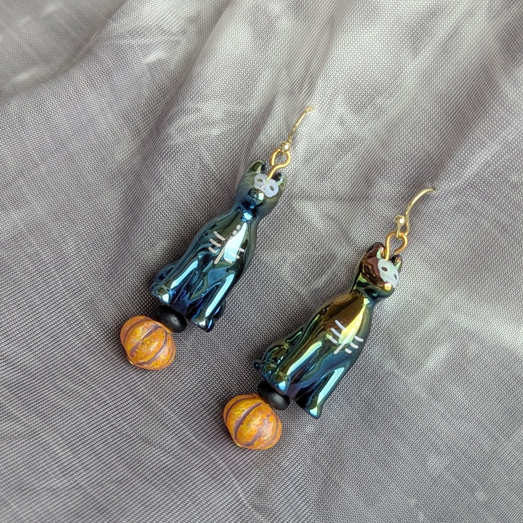 Iridescent Black Cat & Pumpkin Bead Earrings