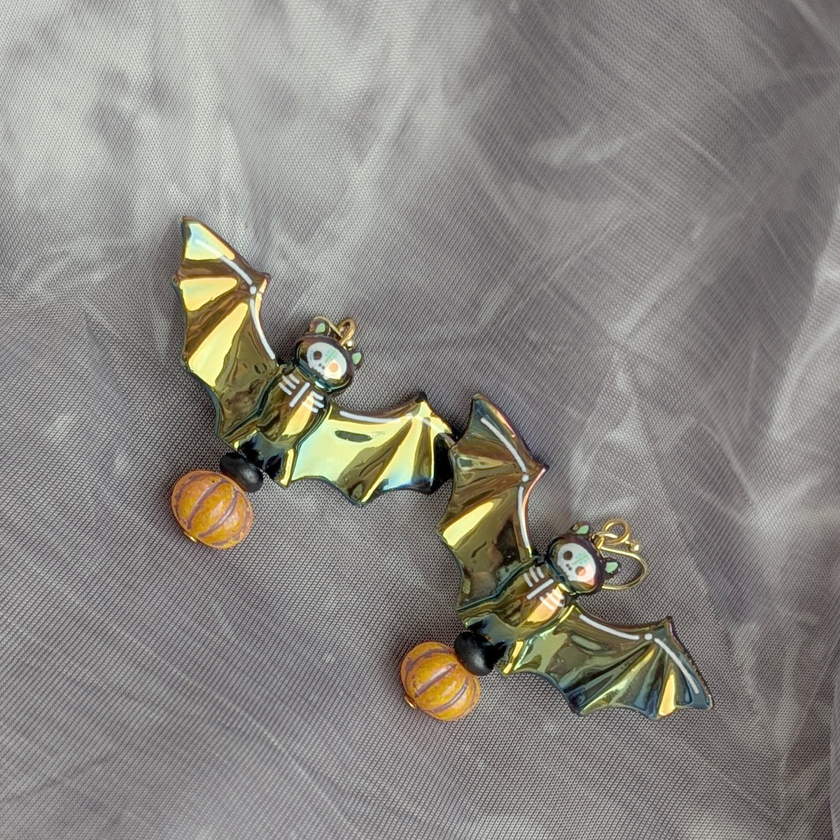 Iridescent Bat & Pumpkin Bead Earrings