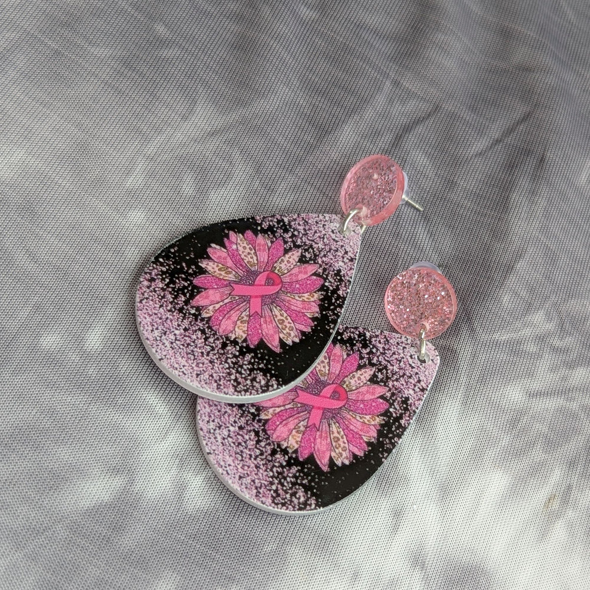 Pink Ribbon Flower Teardrop Earrings