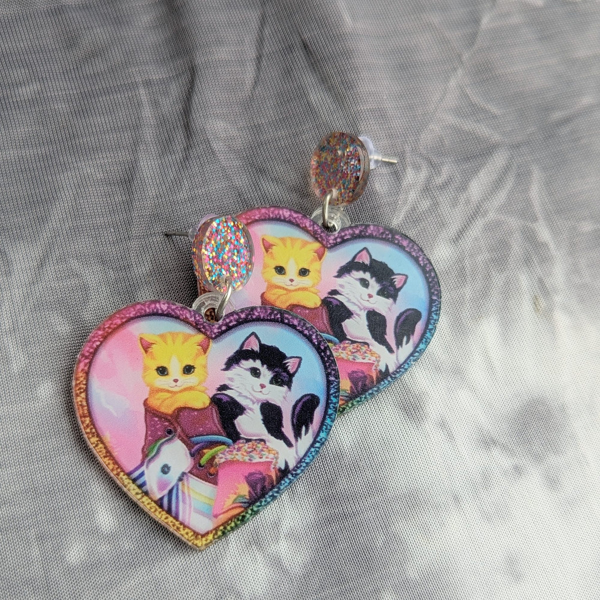 Lisa Frank Kittens Heart Earrings