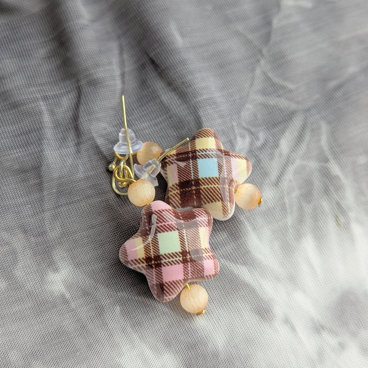 Pink Plaid Puffy Star Earrings
