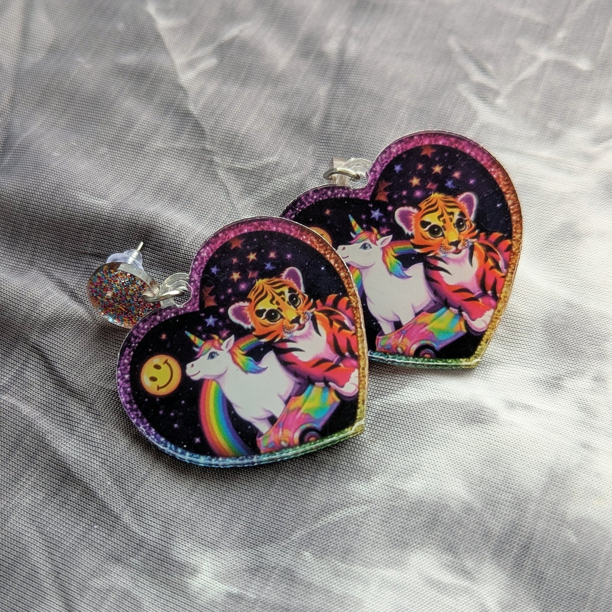 Lisa Frank Tiger & Unicorn Heart Earrings