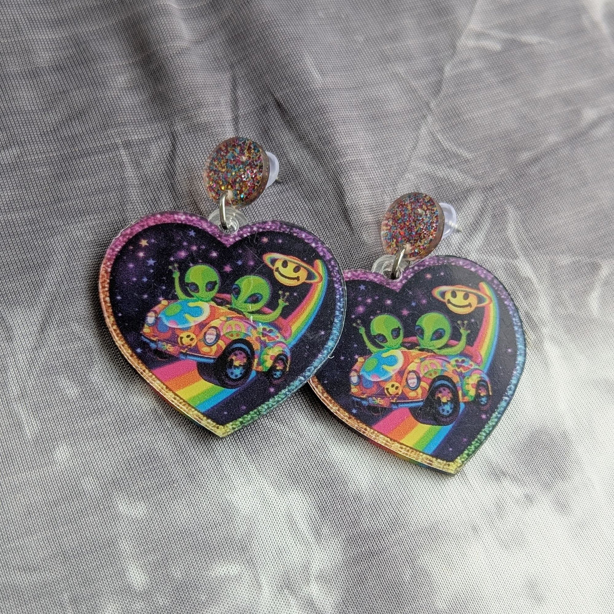 Lisa Frank Aliens Road Trip Heart Earrings