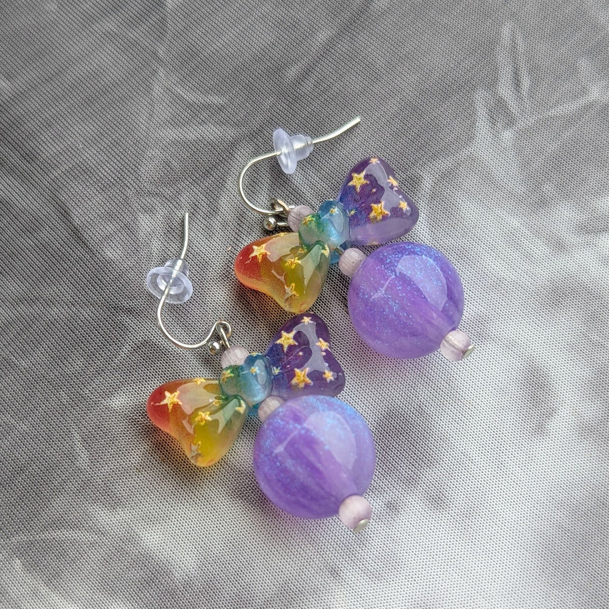 Rainbow Heart & Purple Bead Earrings