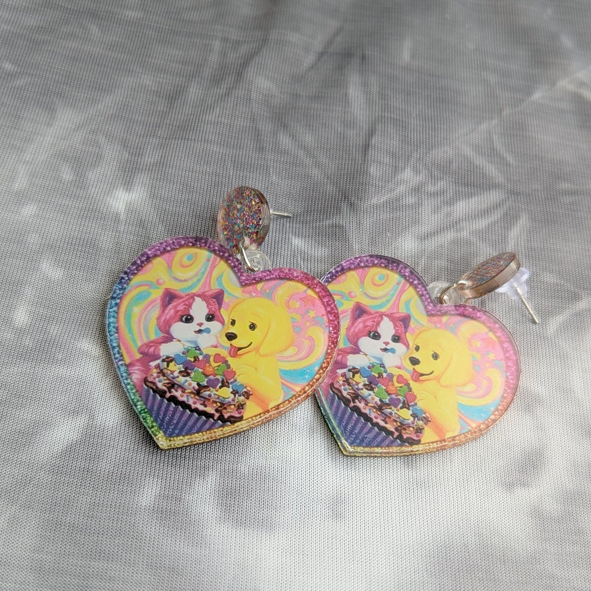 Lisa Frank Kitten & Puppy Heart Earrings