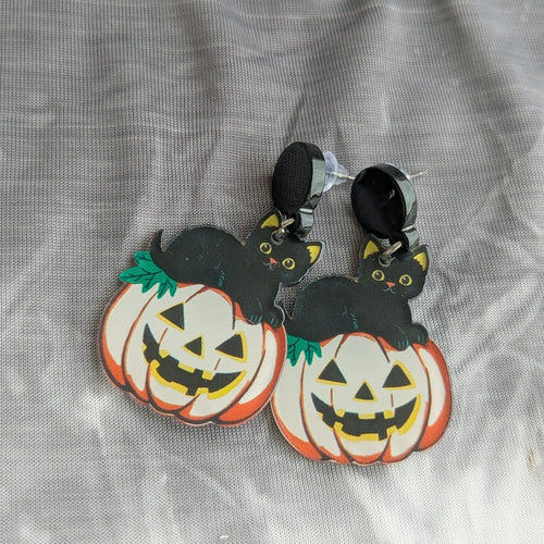 Black Cat on Jack-O-Lantern Earrings