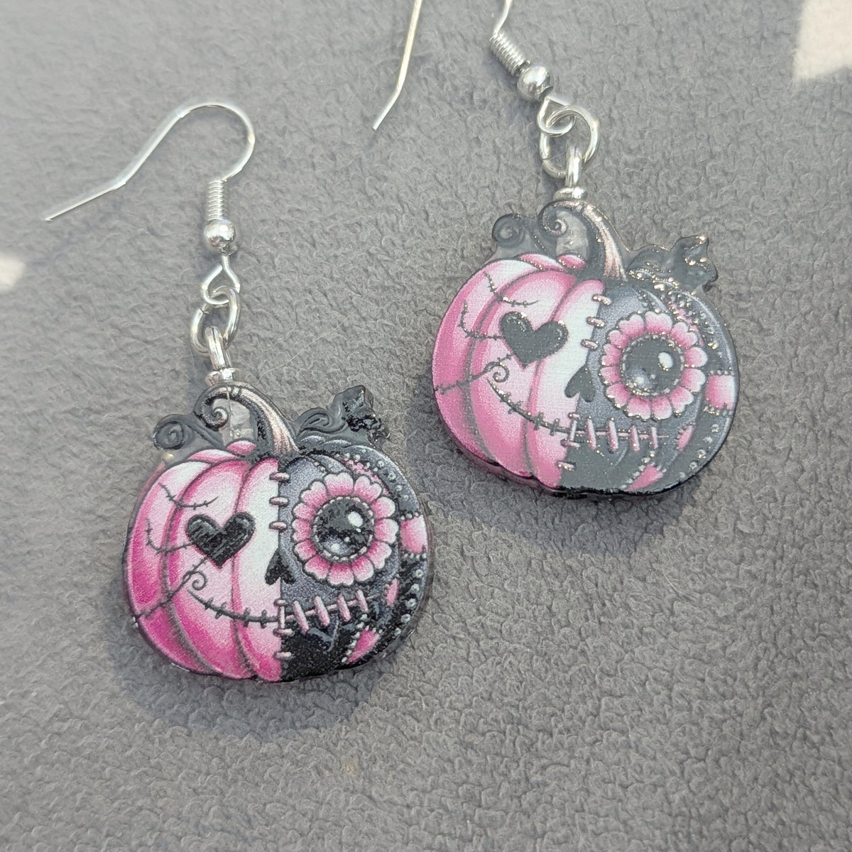 Pink Sugar Skull Pumpkin Earrings