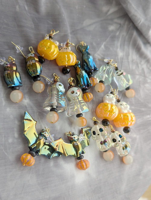 Ghost on Pumpkin Bead Earrings - shown with the rest of the collection