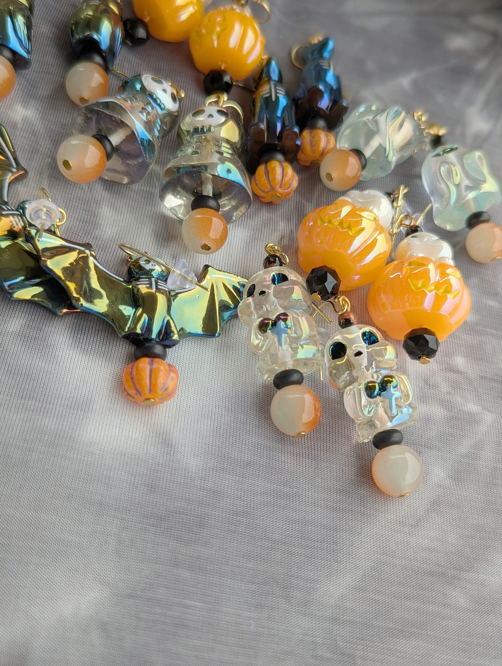 Ghost on Pumpkin Bead Earrings - shown with the rest of the collection