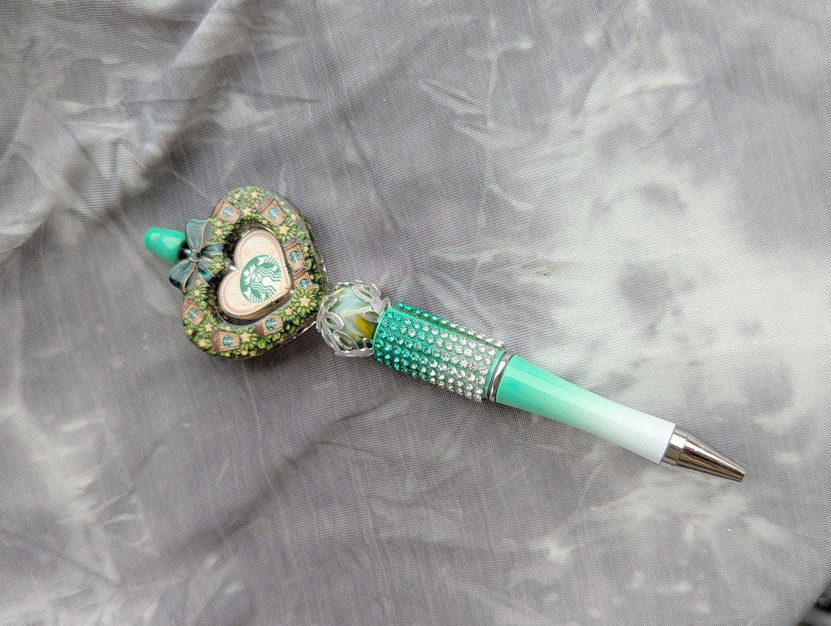 Mint Rhinestone Heart Charm Beaded Pen
