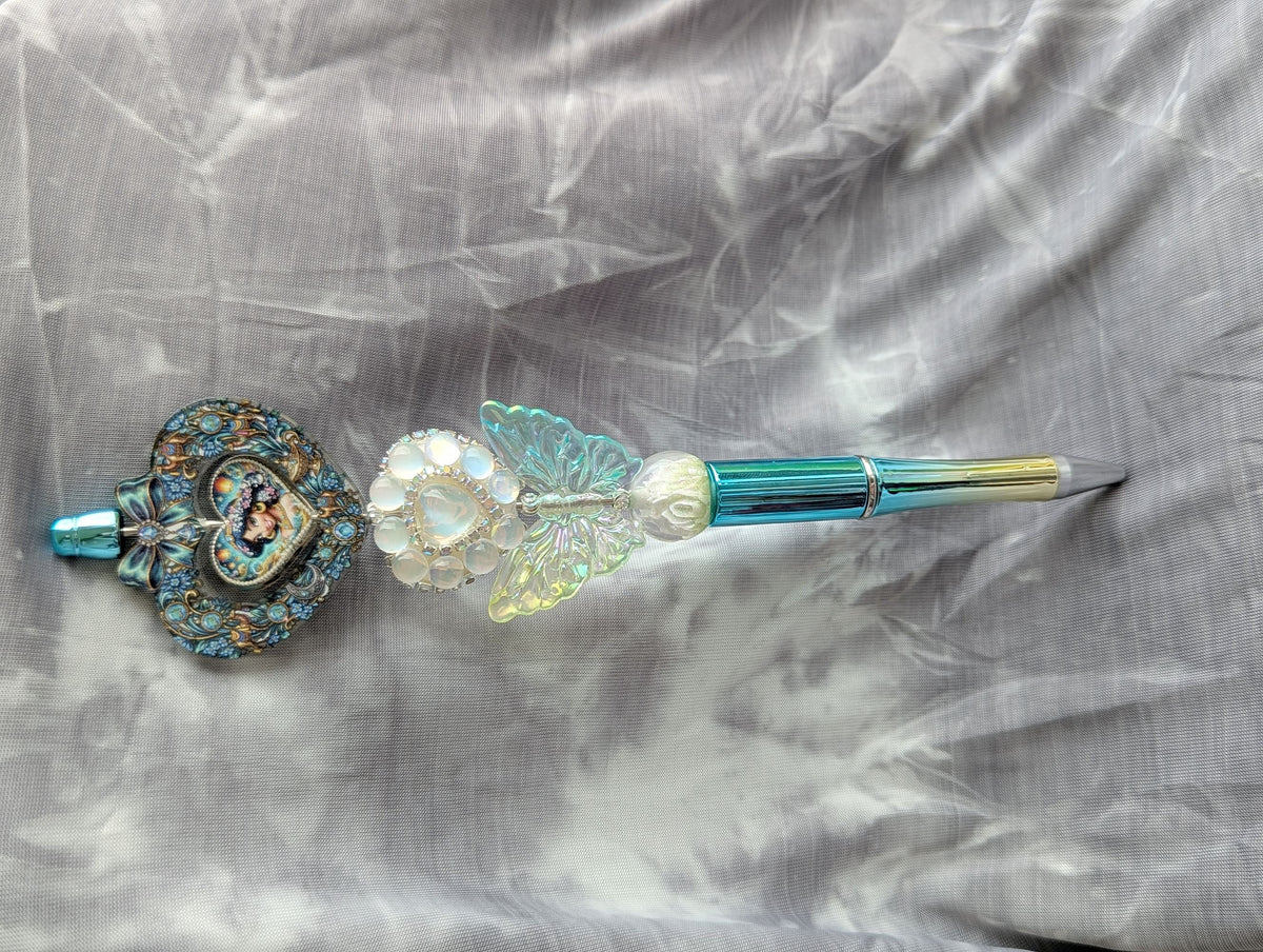 Blue Jeweled Heart & Butterfly Beaded Pen