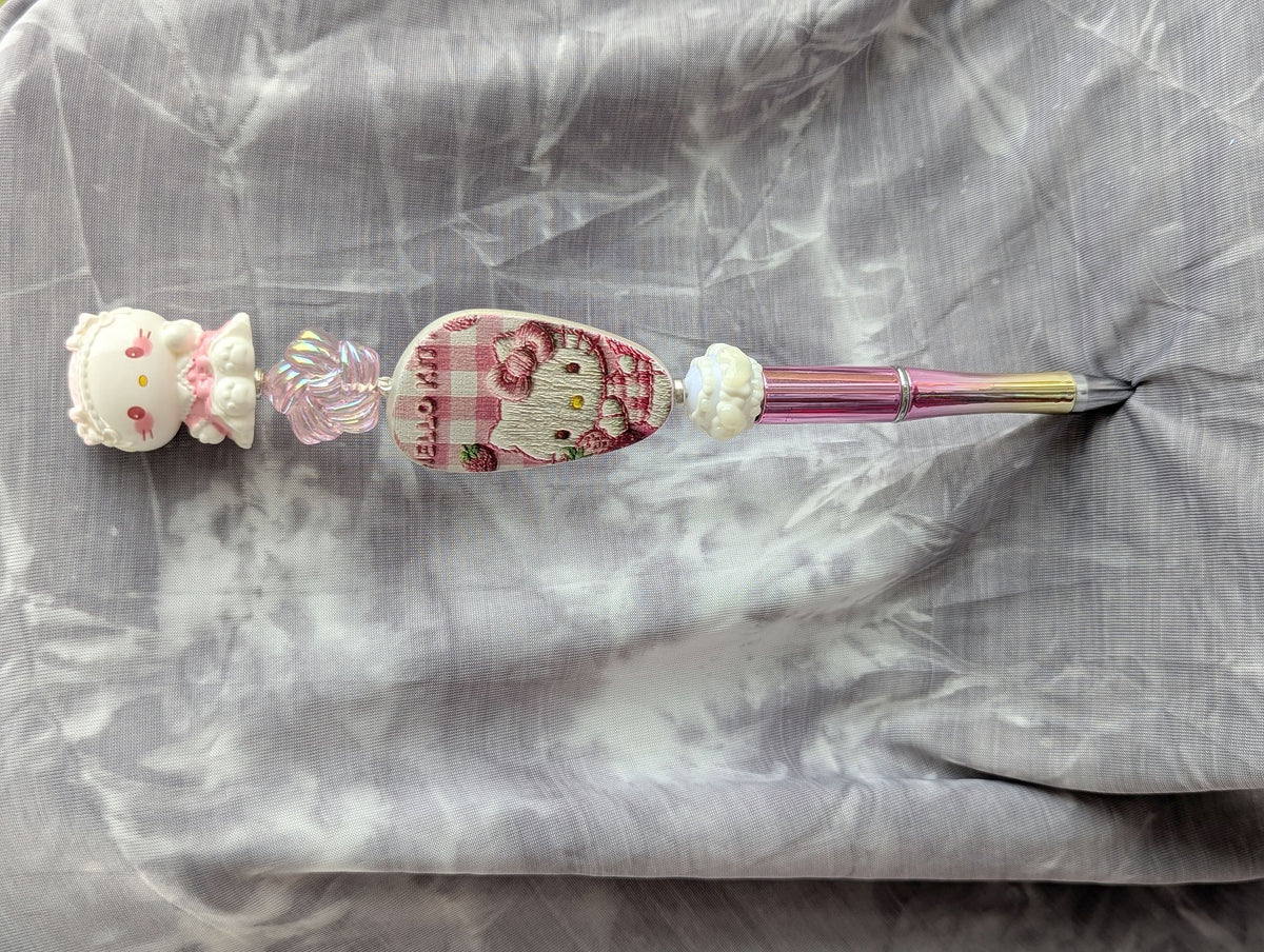 Cream Kitty Gingham Beaded Pen