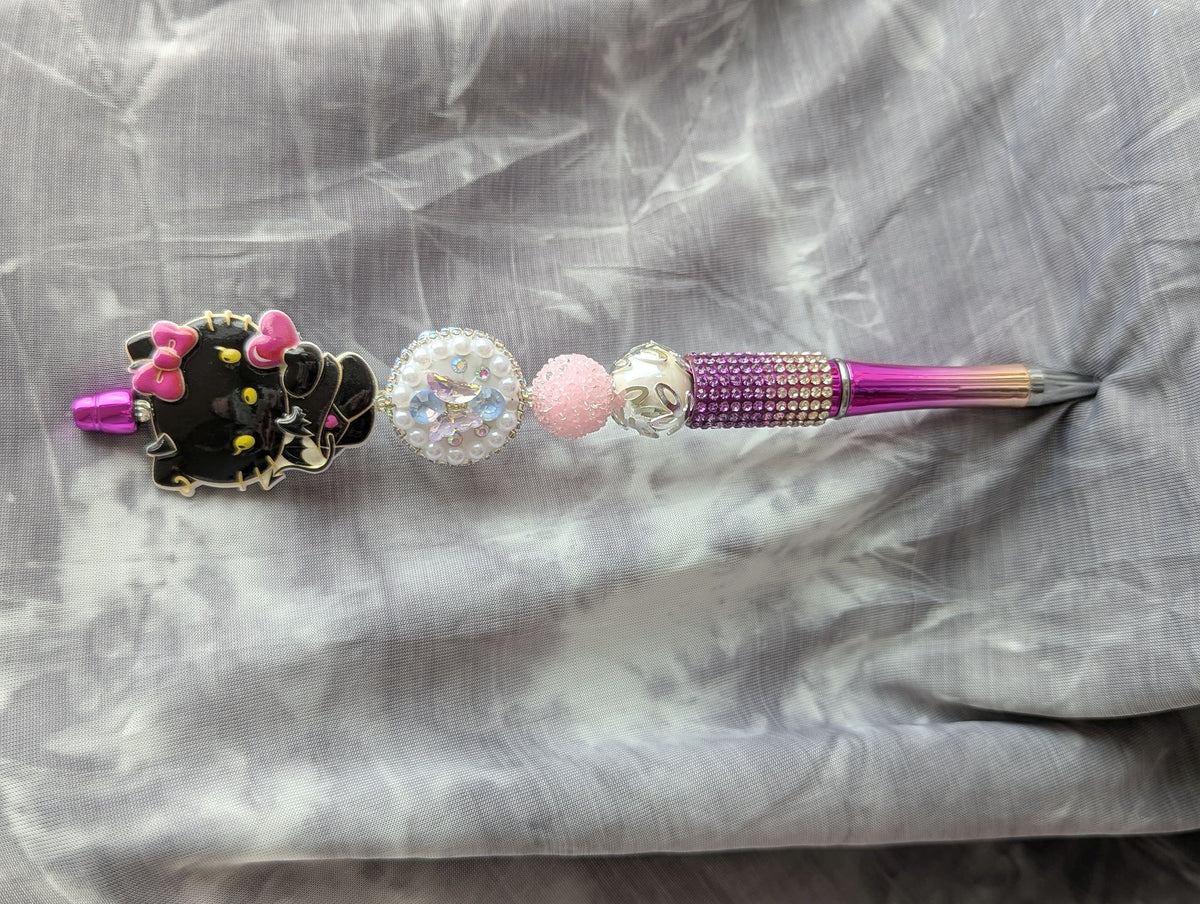 Black Kitty Purple Rhinestone Beaded Pen