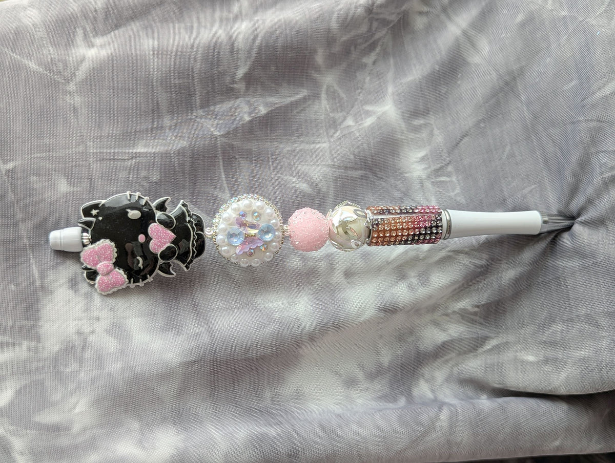 Black Kitty White Beaded Pen
