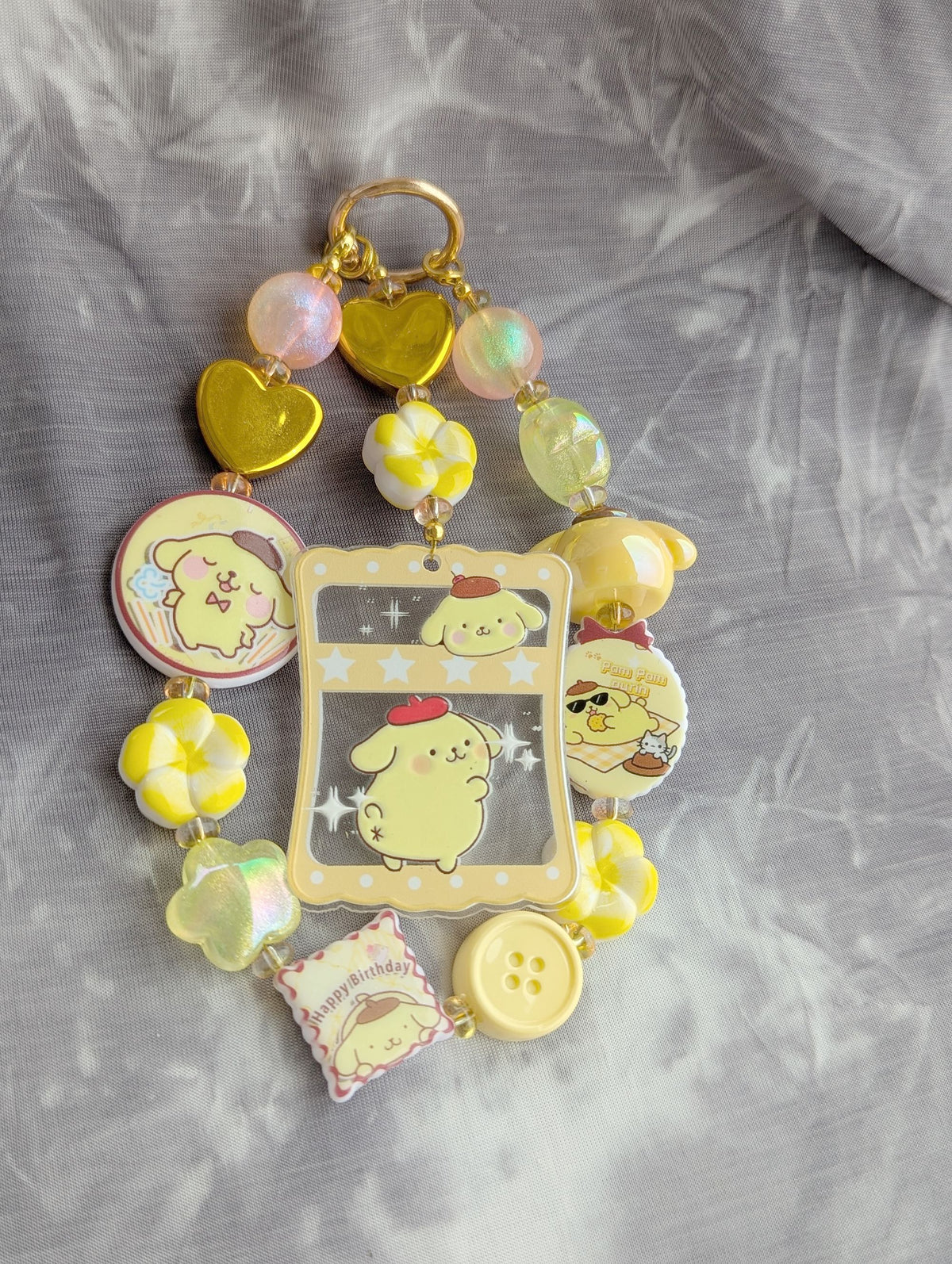 Pompompurin Gold Heart Beaded Bag Charm