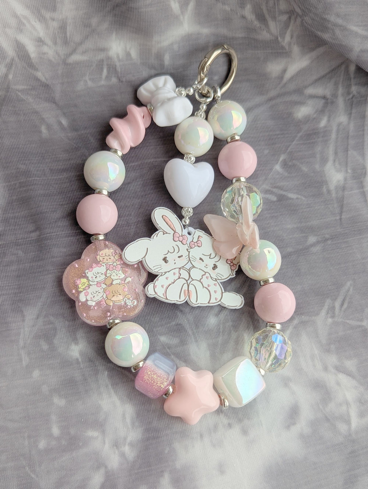 White Bunny Pink Beaded Bag Charm