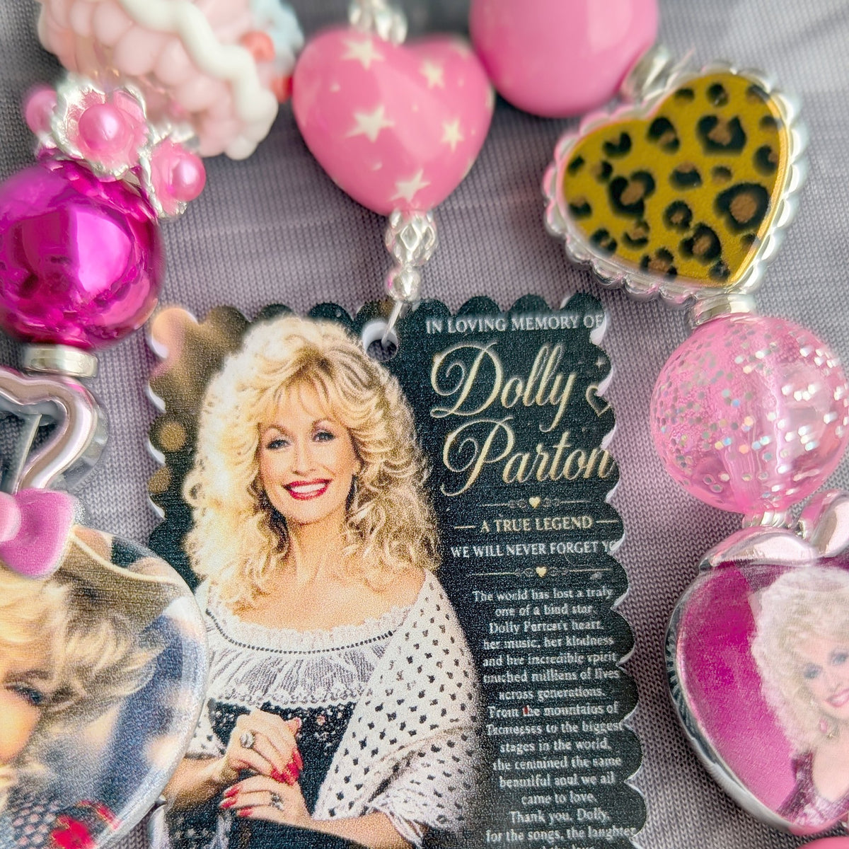 Dolly Parton Memorial Beaded Bag Charm - close-up